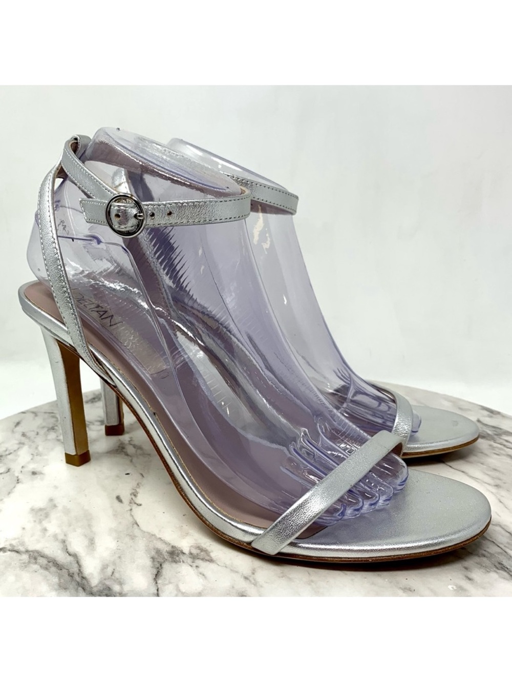 Deltan Miranda Silver Leather Ankle-Strap Sandals 9.5 Minimalist Chic Refined